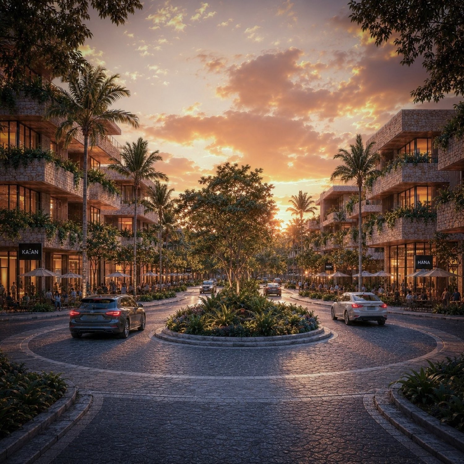 Avenida principal de Smart Green City al atardecer