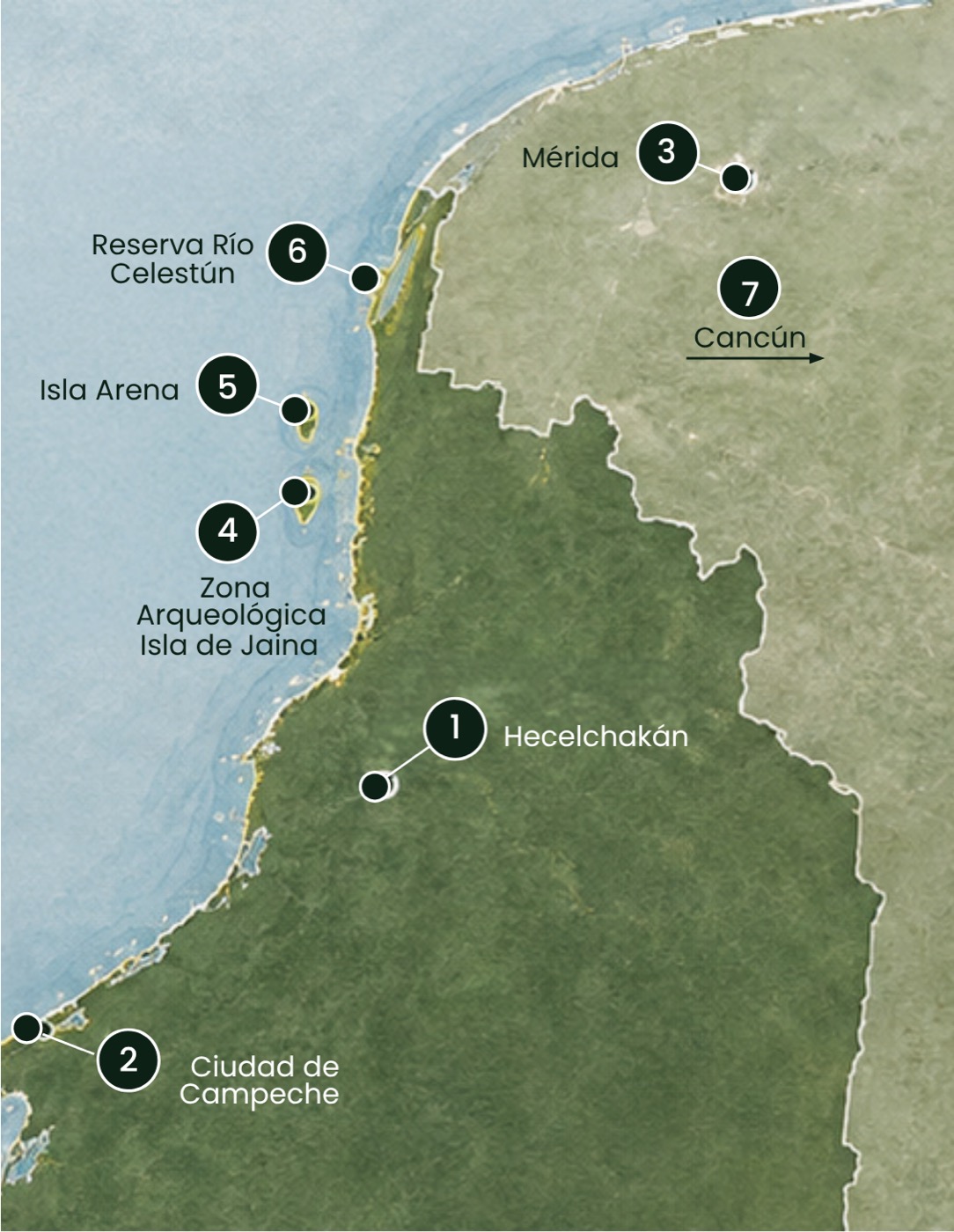 Mapa de ubicación: Hecelchakán, Ciudad de Campeche, Mérida, Isla de Jaina, Isla Arena, Reserva Río Celestún y Cancún